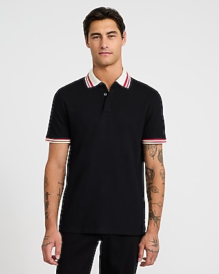 Striped Contrast Collar Luxe Pique Polo - thumbnail 5