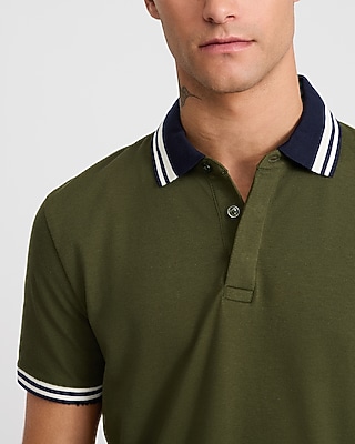 Striped Contrast Collar Luxe Pique Polo - thumbnail 2