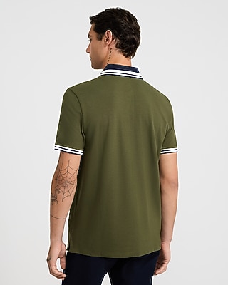 Striped Contrast Collar Luxe Pique Polo - thumbnail 3
