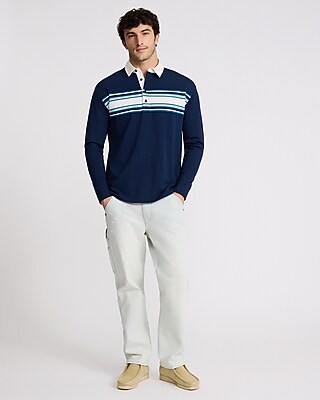 Chest Striped Premium Weight Rugby Long Sleeve Polo