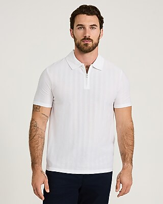 Textured Striped Cotton-Blend Quarter Zip Polo