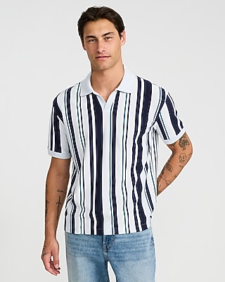 Classic Fit Luxe Pique Striped Johnny Collar Polo