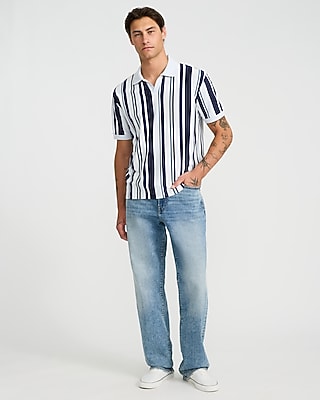 Classic Fit Luxe Pique Striped Johnny Collar Polo