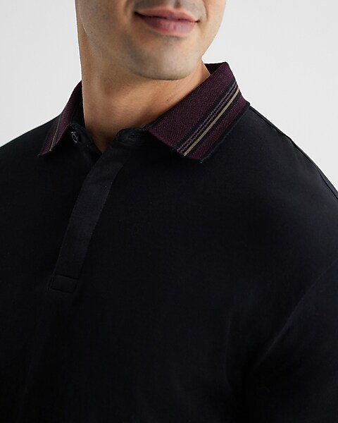 Long Sleeve Polo Shirt Plain 2 Button Collared Top Pique Cotton Mix Casual  Wear
