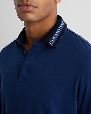 Striped Collar Perfect Pima Cotton Long Sleeve Polo