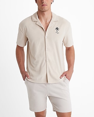 embroidered palm tree graphic terry short sleeve polo