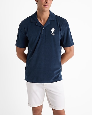 embroidered palm graphic terry short sleeve polo