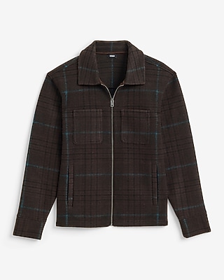 Plaid Fleece Patch Pocket Zip Shirt Jacket