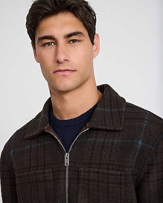 Plaid Fleece Patch Pocket Zip Shirt Jacket