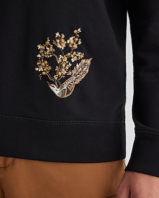 Embroidered Bird Graphic Long Sleeve Crew Neck T-Shirt