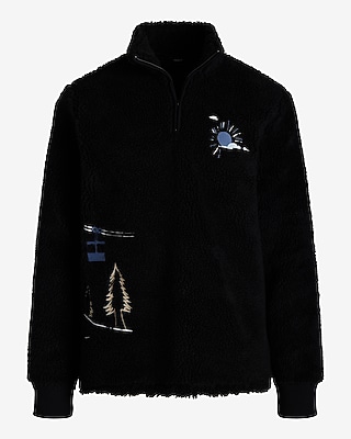 Embroidered Print Sherpa Quarter Zip Sweatshirt
