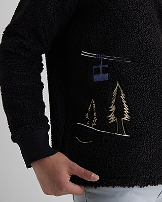 Embroidered Print Sherpa Quarter Zip Sweatshirt