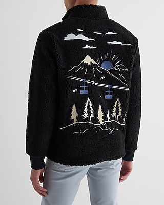 Embroidered Print Sherpa Quarter Zip Sweatshirt