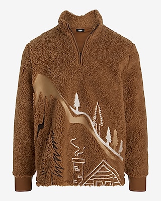 Embroidered Print Sherpa Quarter Zip Sweatshirt