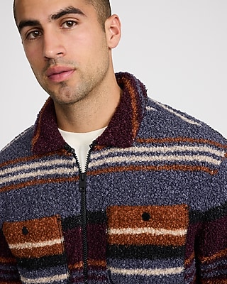 Striped Zip Double Button Sherpa Shirt Jacket
