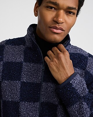 Checkered Sherpa Mock Neck Jacket | Express