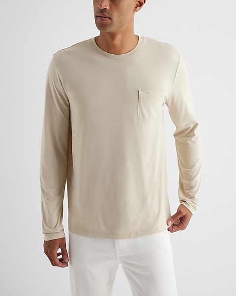 Pocket Crew Neck Perfect Pima Cotton Long Sleeve T-shirt | Express