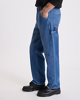 Loose Medium Wash Stretch Carpenter Jeans