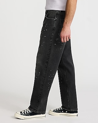 Loose Pant Splatter Black Wash Stretch Jeans