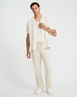 Straight Linen-blend Drawstring Elastic Waist Pant