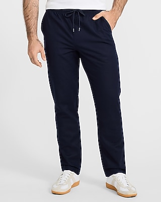 Straight Linen Cotton Navy Drawstring Elastic Waist Pant