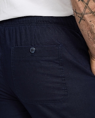 Straight Linen Cotton Navy Drawstring Elastic Waist Pant