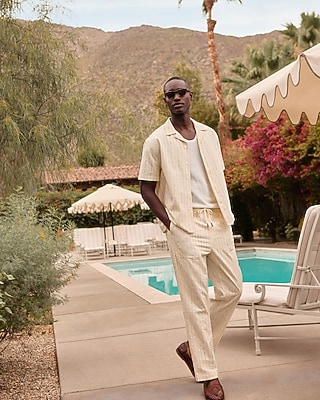 Slim Textured Ticking Striped Drawstring Elastic Waist Pant