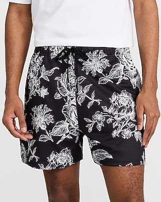 Contrast Floral Mesh Drawstring Elastic Waist Shorts