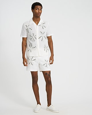 6" Embroidered Floral Ivory Cotton Drawstring Elastic Waist Short