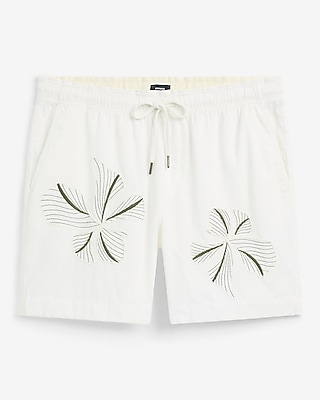 6" Embroidered Floral Ivory Cotton Drawstring Elastic Waist Short