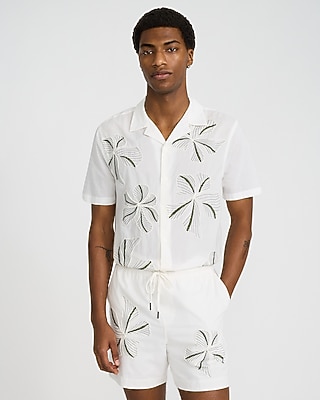 6" Embroidered Floral Ivory Cotton Drawstring Elastic Waist Short