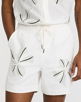 6" Embroidered Floral Ivory Cotton Drawstring Elastic Waist Short