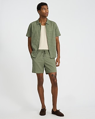 6" Textured Check Eyelet Cotton Drawstring Elastic Waist Short