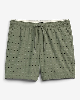 6" Textured Check Eyelet Cotton Drawstring Elastic Waist Short