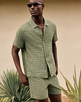 6" Textured Check Eyelet Cotton Drawstring Elastic Waist Short