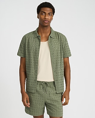 6" Textured Check Eyelet Cotton Drawstring Elastic Waist Short