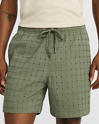 6" Textured Check Eyelet Cotton Drawstring Elastic Waist Short