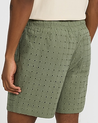 6" Textured Check Eyelet Cotton Drawstring Elastic Waist Short