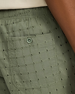 6" Textured Check Eyelet Cotton Drawstring Elastic Waist Short