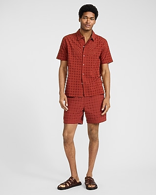 6" Textured Check Eyelet Cotton Drawstring Elastic Waist Short