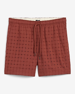 6" Textured Check Eyelet Cotton Drawstring Elastic Waist Short