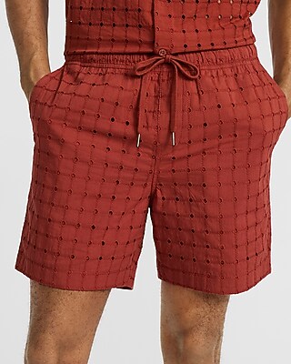6" Textured Check Eyelet Cotton Drawstring Elastic Waist Short