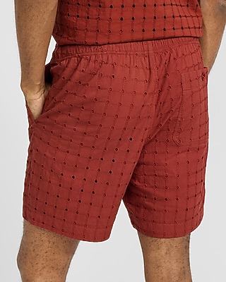 6" Textured Check Eyelet Cotton Drawstring Elastic Waist Short