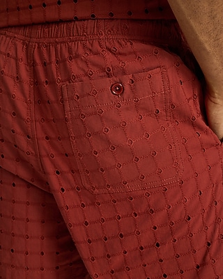 6" Textured Check Eyelet Cotton Drawstring Elastic Waist Short