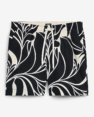 6" Slim Abstract Contrast Linen-Blend Drawstring Elastic Waist Short