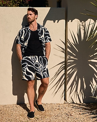 6" Slim Abstract Contrast Linen-Blend Drawstring Elastic Waist Short