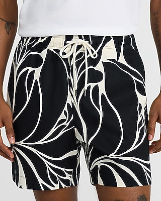 6" Slim Abstract Contrast Linen-Blend Drawstring Elastic Waist Short