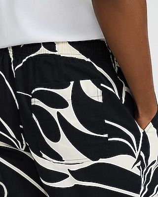 6" Slim Abstract Contrast Linen-Blend Drawstring Elastic Waist Short