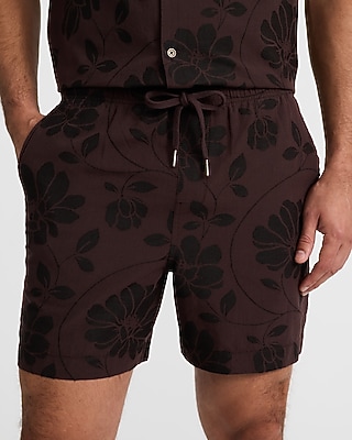 6" Slim Textured Floral Jacquard Drawstring Elastic Waist Short