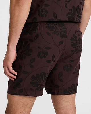 6" Slim Textured Floral Jacquard Drawstring Elastic Waist Short